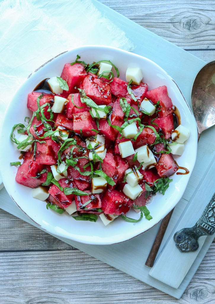 Watermelon Salad Recipe with Balsamic Glaze and basil