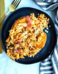 Buffalo Chicken Stuffed Sweet Potato recipe--overhead shot on black plate