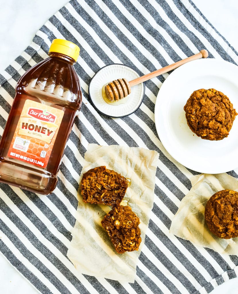 Gluten-Free Pumpkin Muffins Recipe overhead shot with Our Family Honey