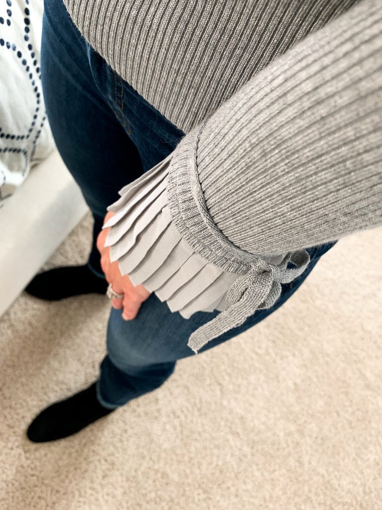 Faith + Zoe Tammy Flutter Sleeve Fitted Pullover close up of the sleeve