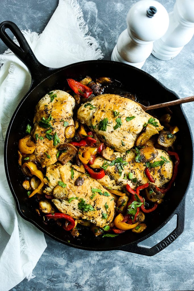 Skillet Chicken with Peppers and Mushrooms overhead shot