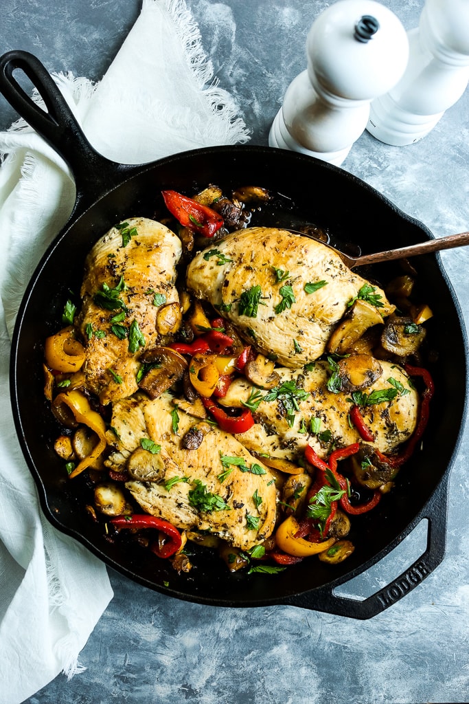 Skillet Chicken with Peppers and Mushrooms overhead shot