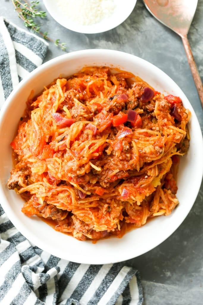 Spaghetti Squash Skillet Casserole in a serving bowl