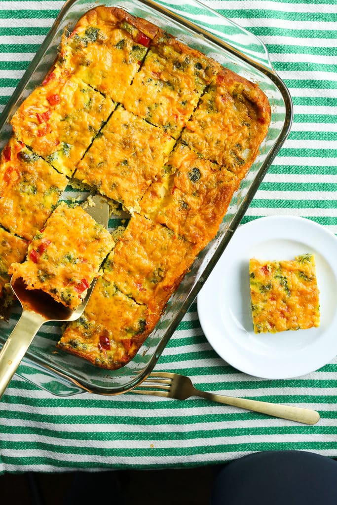 Easy Breakfast Egg Casserole whole pan one piece out 