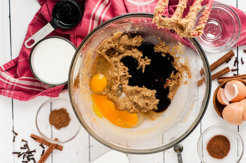 Add the molasses, eggs and vanilla to the sugar/butter and mix well.