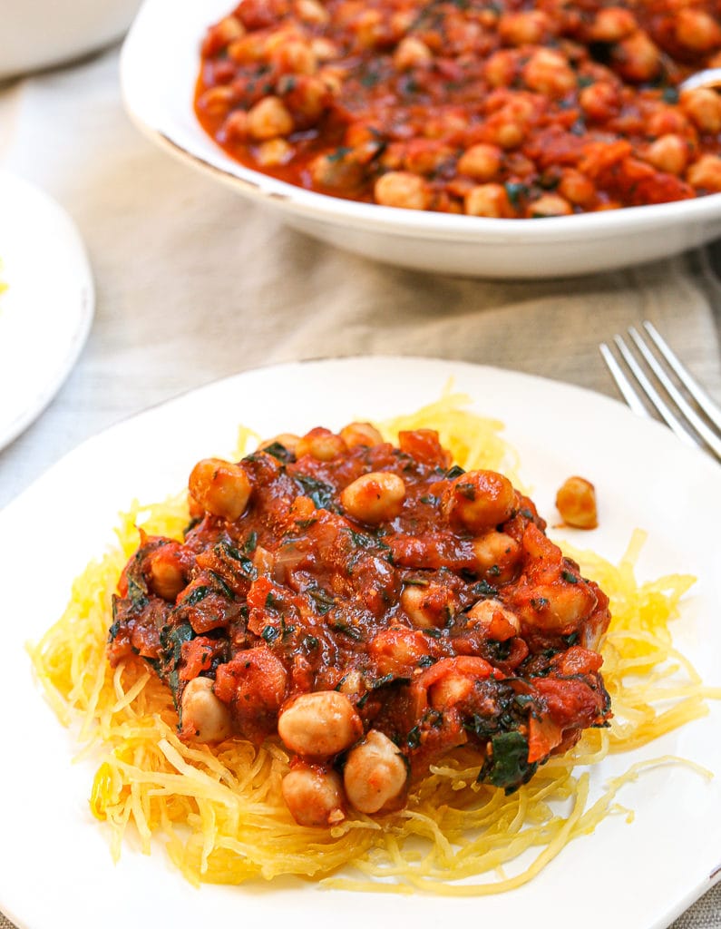 Marinara Sauce with Chickpeas and Kale recipe--served with spaghetti squash
