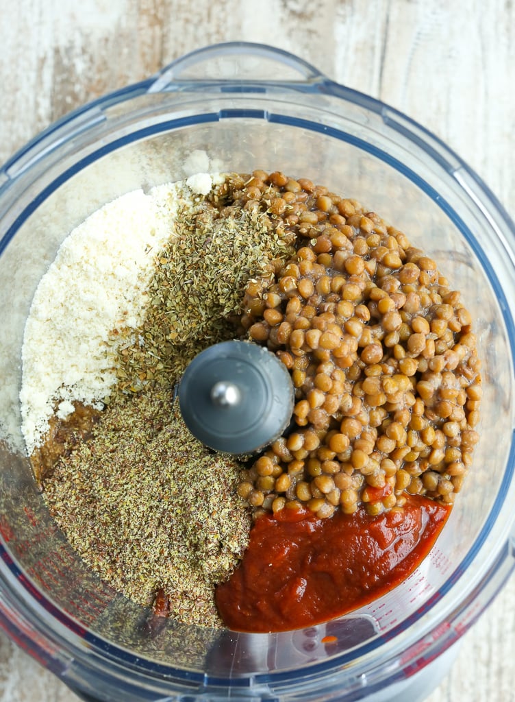 Overhead shot of all the ingredients in a food processor with the lid off