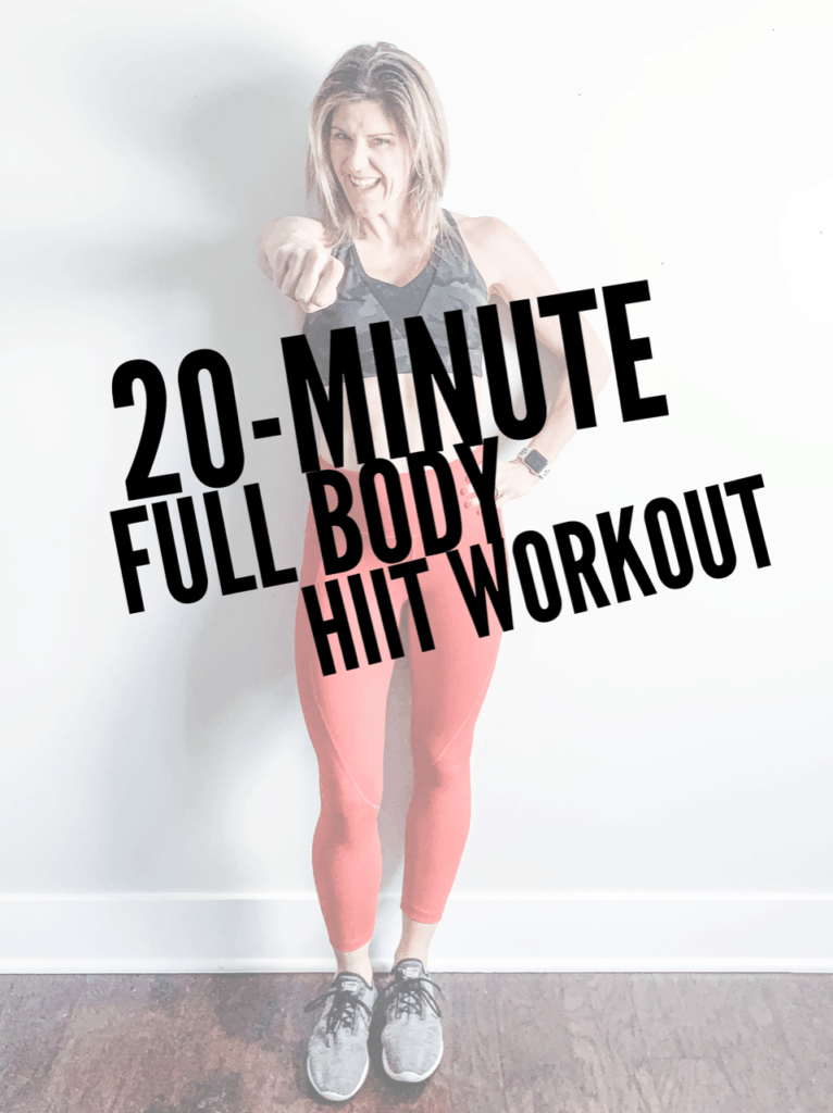 A woman standing in red leggings and a Camo sports bra with her arm out and the text 20-minute Full body HIIT Workout