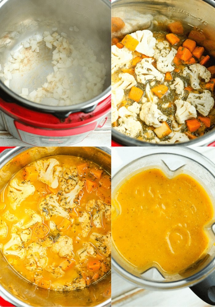 four photos showing the process of making the soup in the Instant Pot from sauteeing the onions to adding the cauliflower and butternut squash to after it's cooked to the after shot in the blender