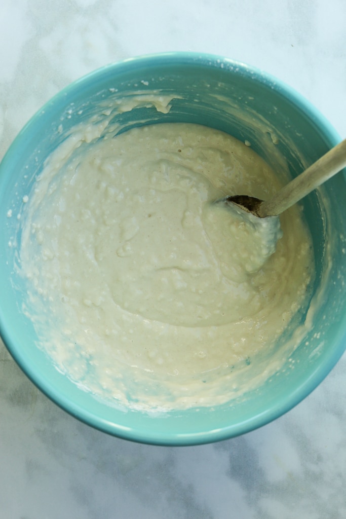 vegan pancake batter in a blue bowl
