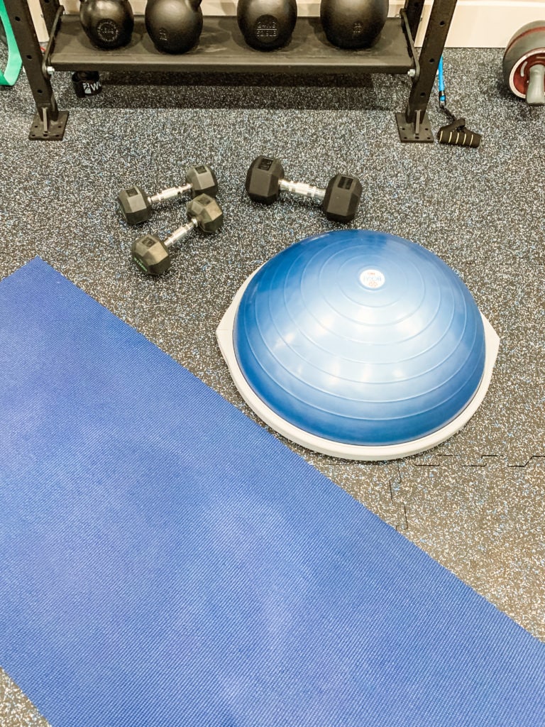 equipment needed for Bosu Ball Workout--bosu balance trainer, dumbbells, and yoga mat.