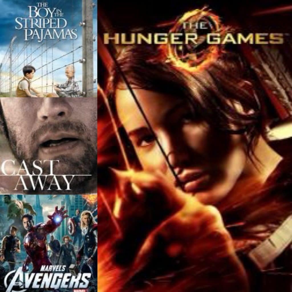 Collage of movie poster with the boy in striped pajamas, cast away, avengers, and hunger games
