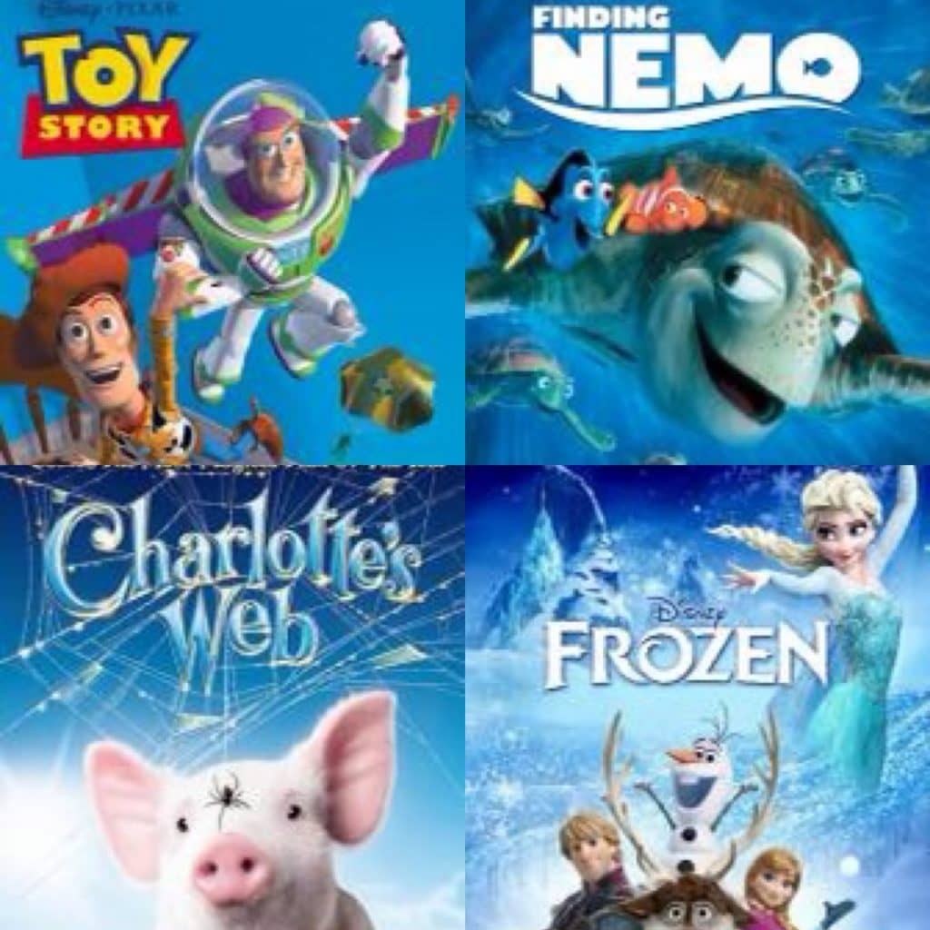 a collage of movie posters for Toy Story, Finding Nemo, Charlotte's Web, and Frozen