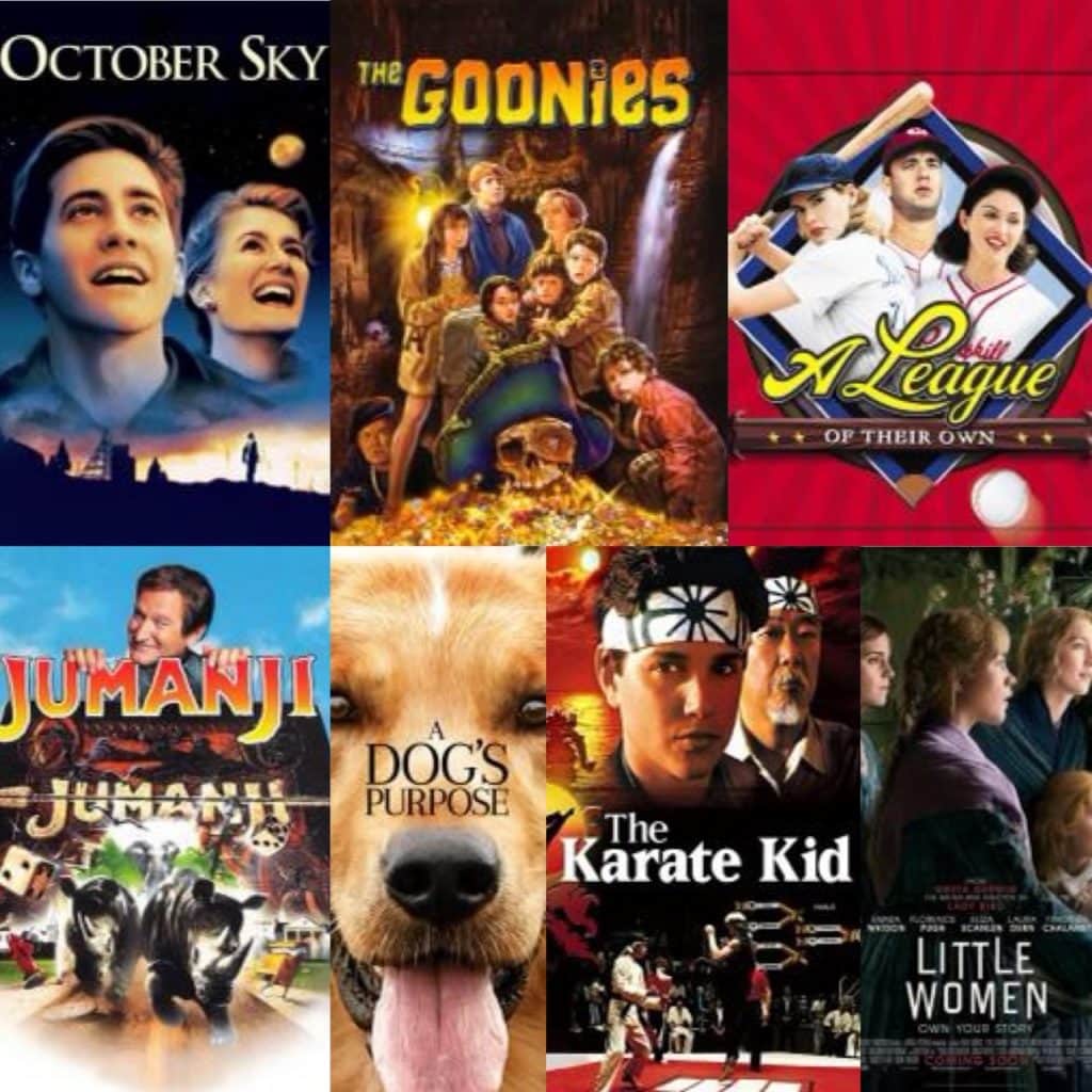 movie poster collage with October sky, goonies, a league of their own, jumanji, a dog's purpose, karate kid, and little women