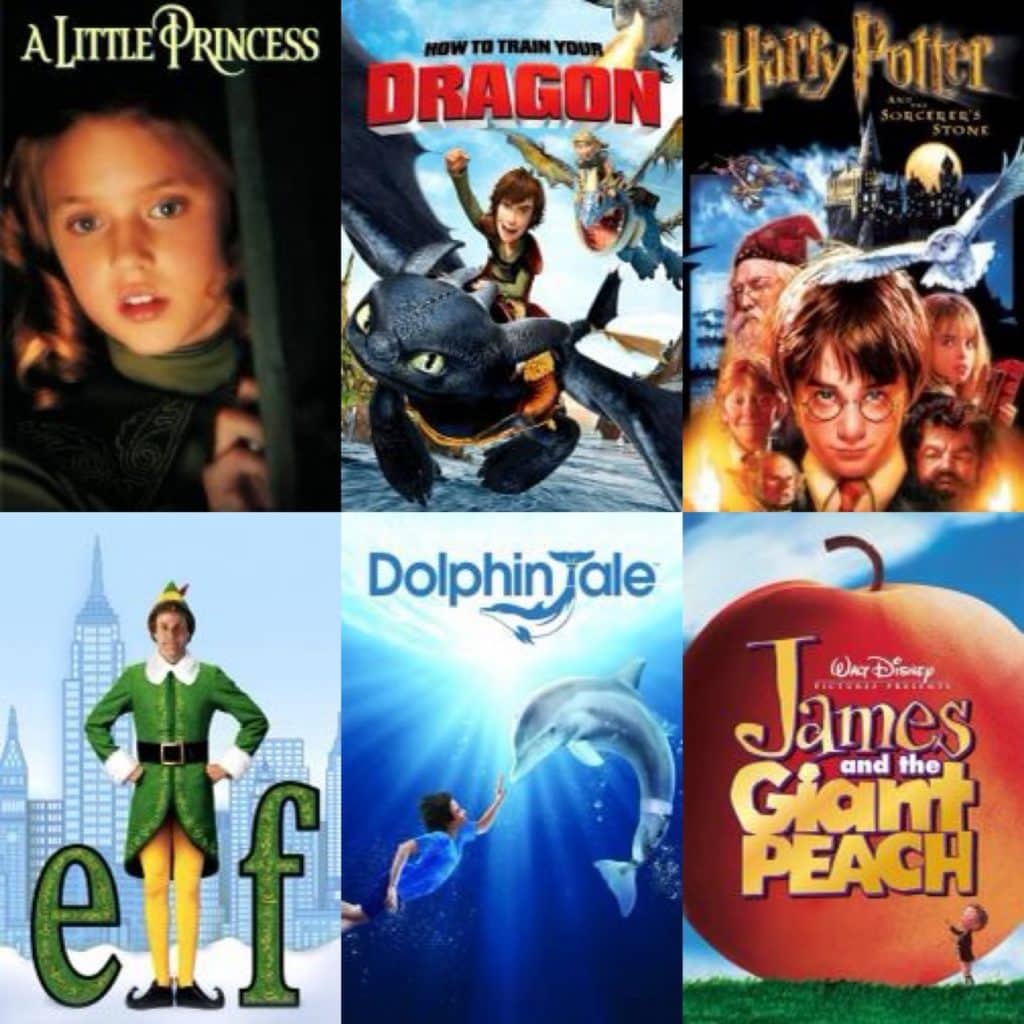 A collage of movie posters with A little princess, How to Train Your Dragon, Harry Potter, Elf, Dolphin Tale, and James and the Giant Peach