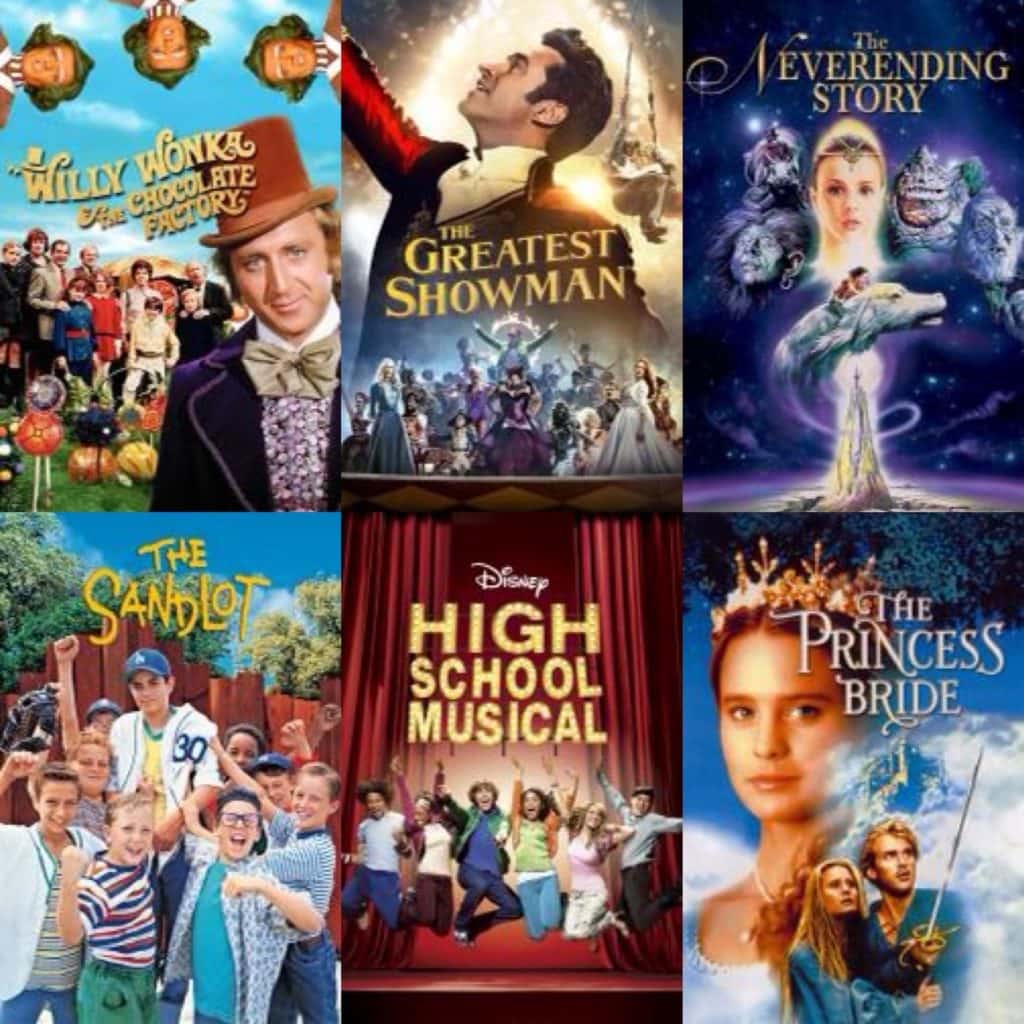 collage of movie poster with willy Wonka and the chocolate factory, the greatest showman, the never-ending story, sandlot, high school musical, and the princess bride