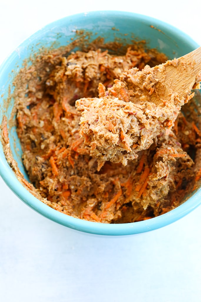 showing thick batter on a wooden spoon