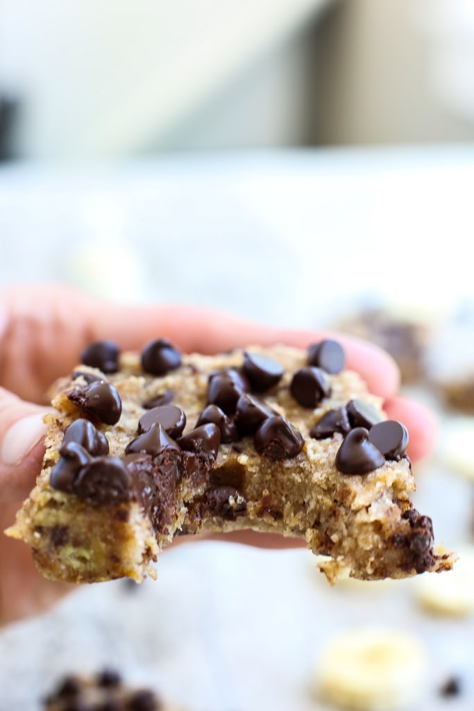 banana chocolate chip bar with a bite out of it