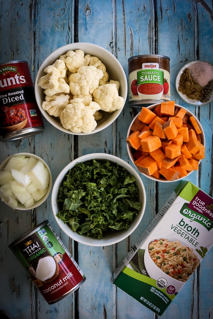 overhead shot of recipe ingredients for Sweet Potato Soup Recipe