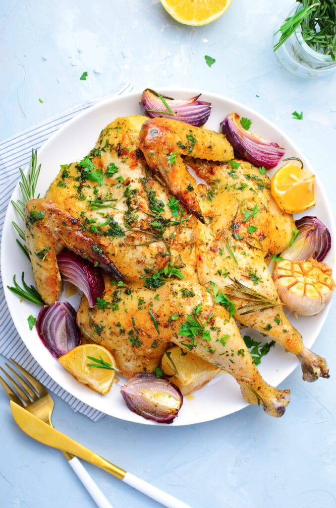 An overhead shot of  oven roasted chicken
