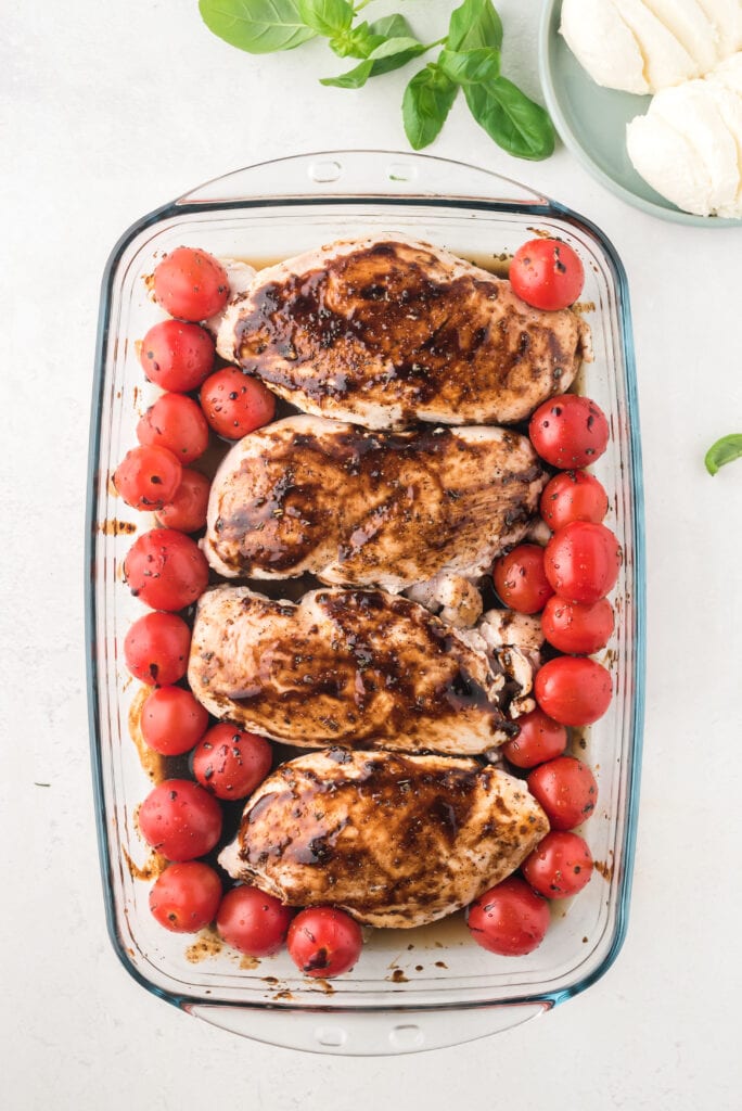 pan of caprese chicken before baking