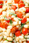 close up shot of White Beans with Tomatoes and Fresh Basil