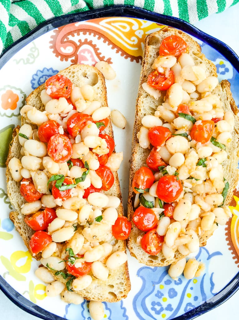 White Beans with Tomatoes and Fresh Basil on toast 
