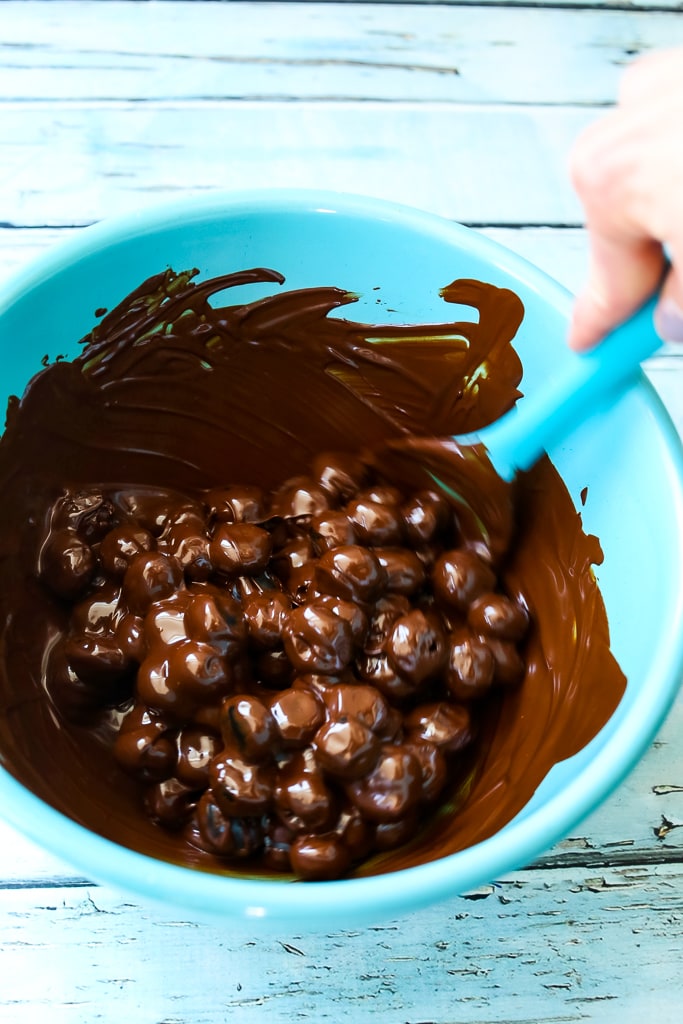 stirring blueberries in melted chocolate