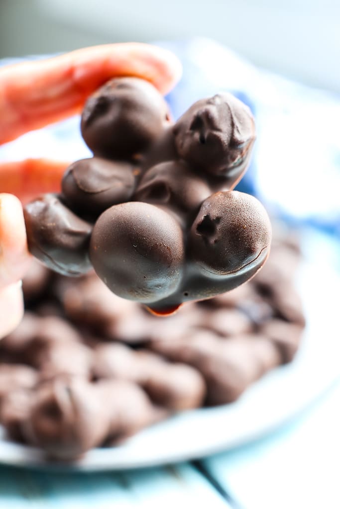  a close up picture of a cluster of chocolate covered blueberries 