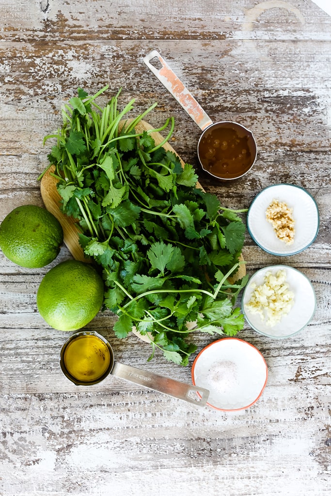 ingredients overhead shot--cilantro, limes, garlic, ginger, honey 