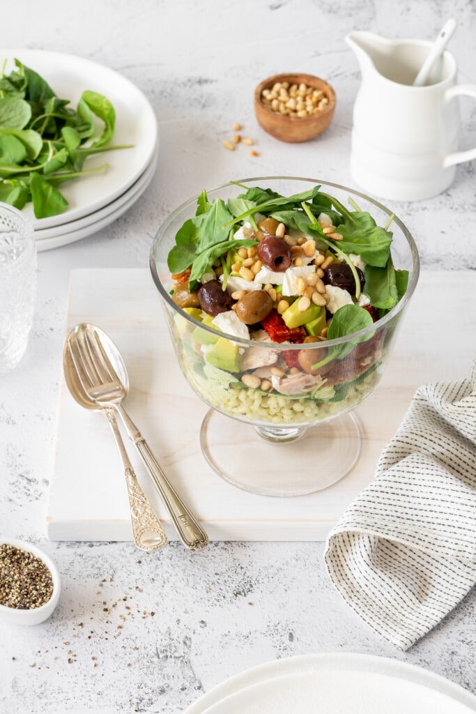 side shot of Layered Meditterannean Chicken Salad