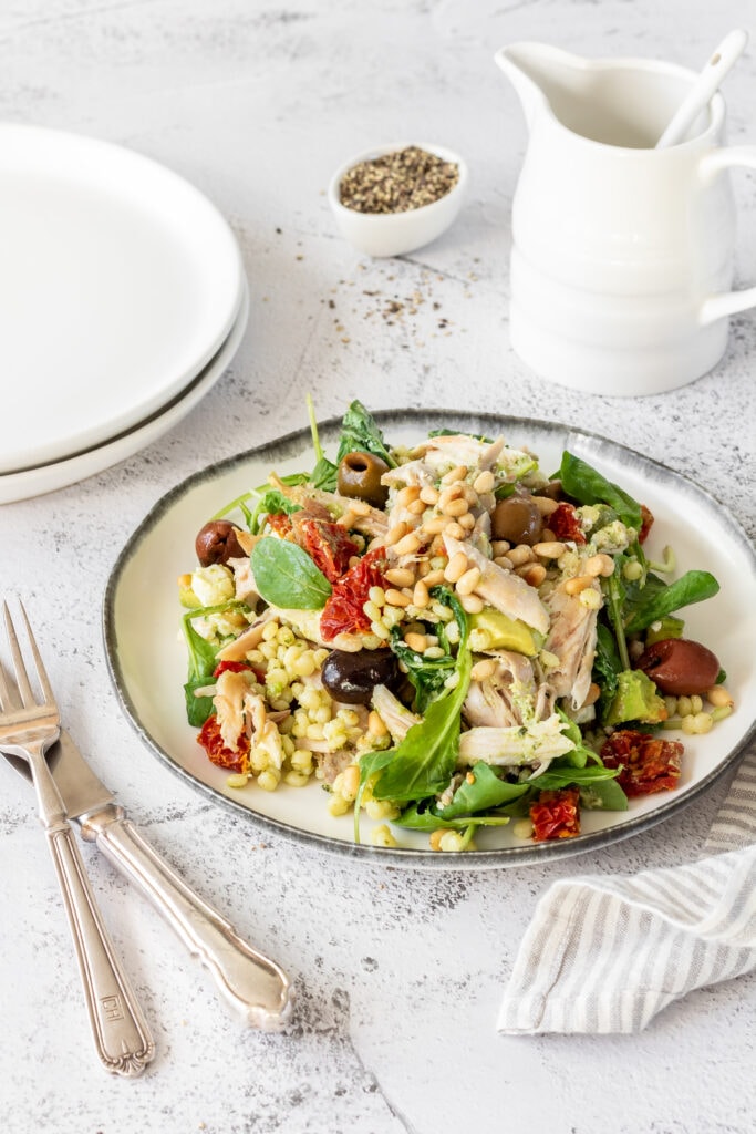 plated Layered Meditterannean Chicken Salad