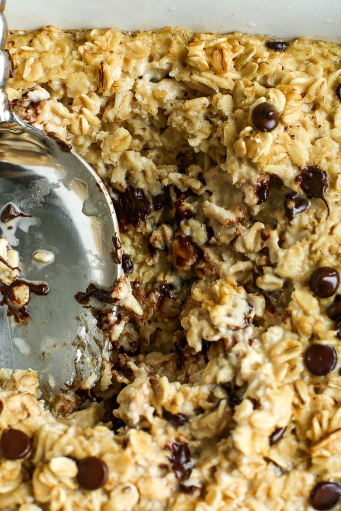 close up shot of Orange Chocolate Chip Baked Oatmeal recipe
