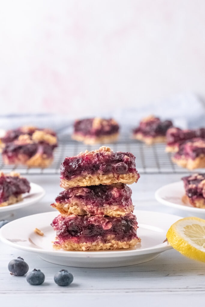 blueberry lemon bars in a stack 