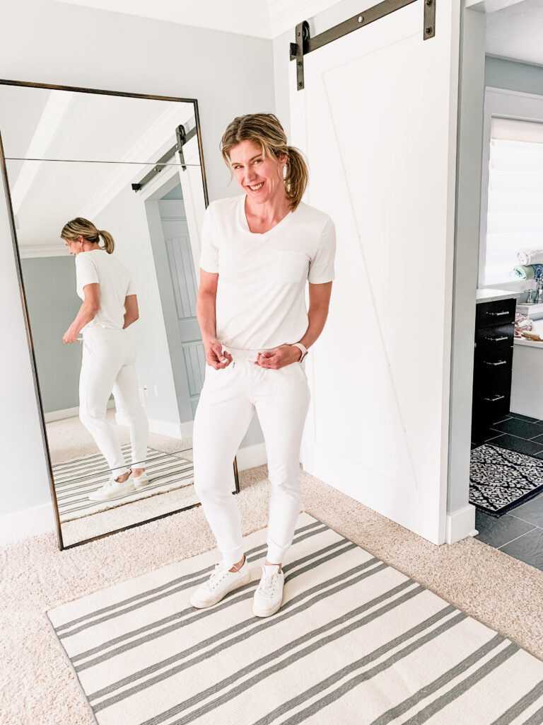 white tee shirt with white joggers