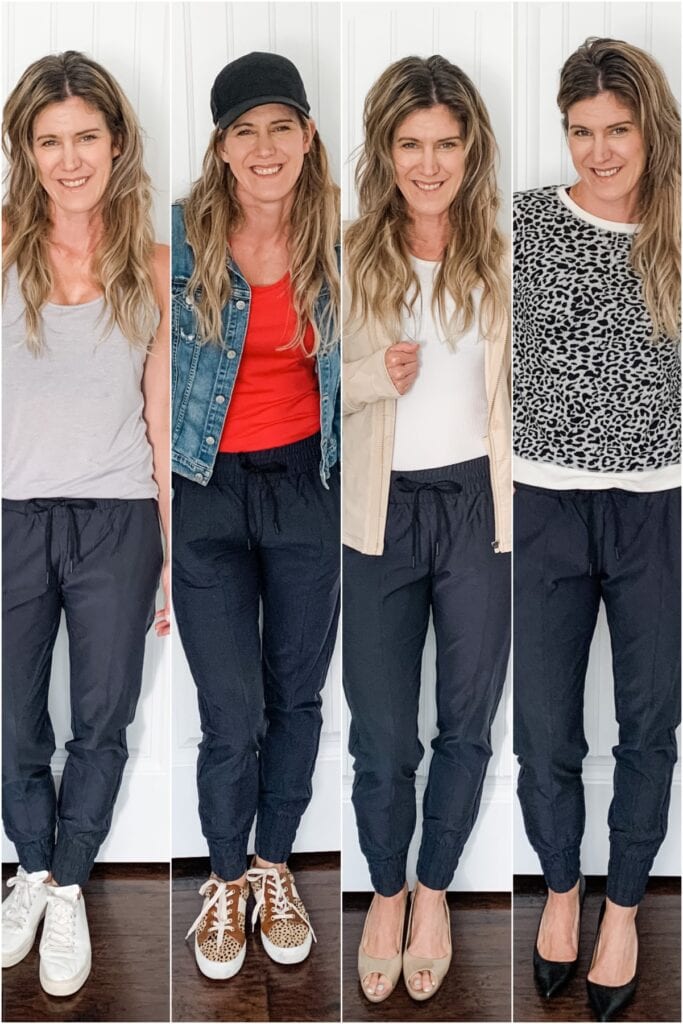 4 photos of a woman in different jogger outfits