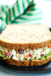 apple cranberry tuna salad on bread with a green and white striped napkin