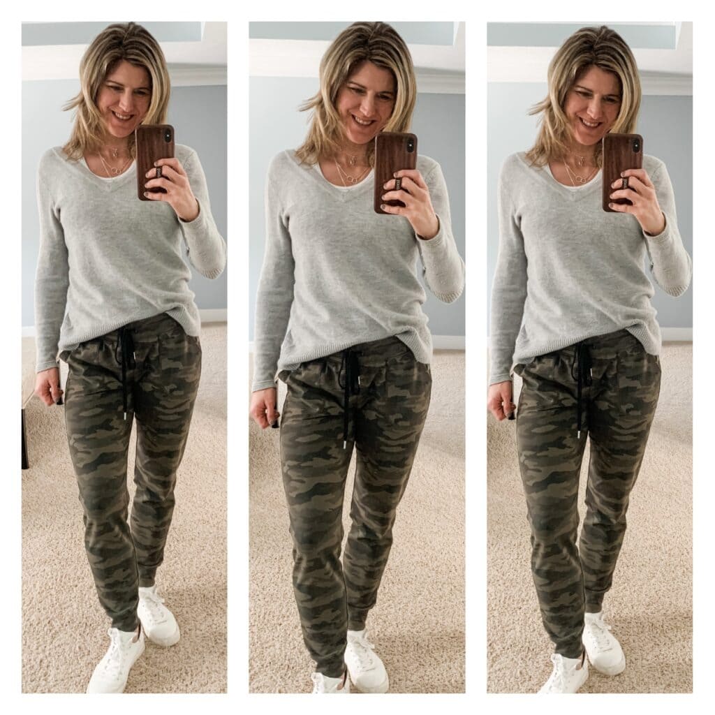 photo collage of woman in camo joggers and grey sweater with white sneakers