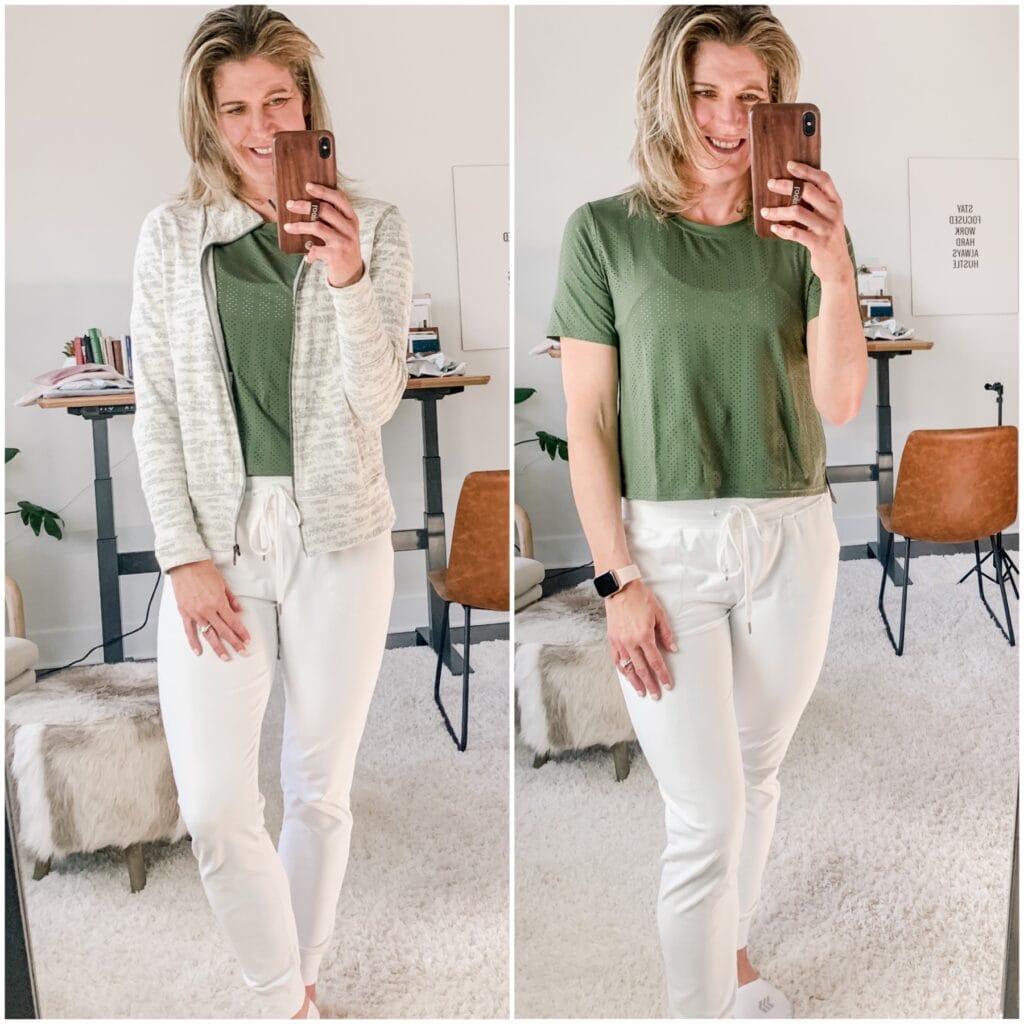 two jogger outfits--white joggers and green shirt