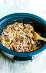 Crockpot Chicken Tacos Recipe stirring the ingredients together in the slow cooker