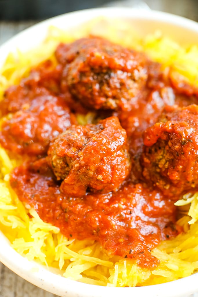 Vegan Meatballs with spaghetti sauce and spaghetti squash