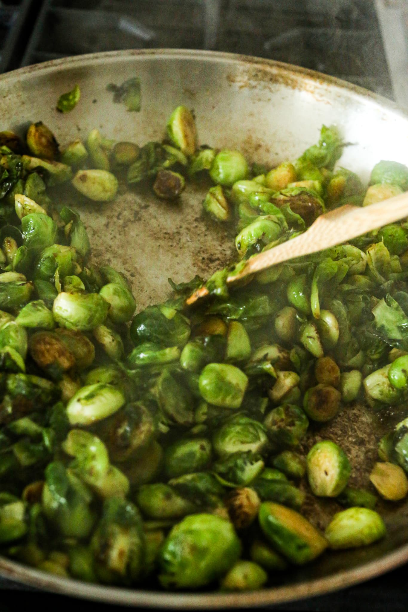 hot brussels sprouts in a pan