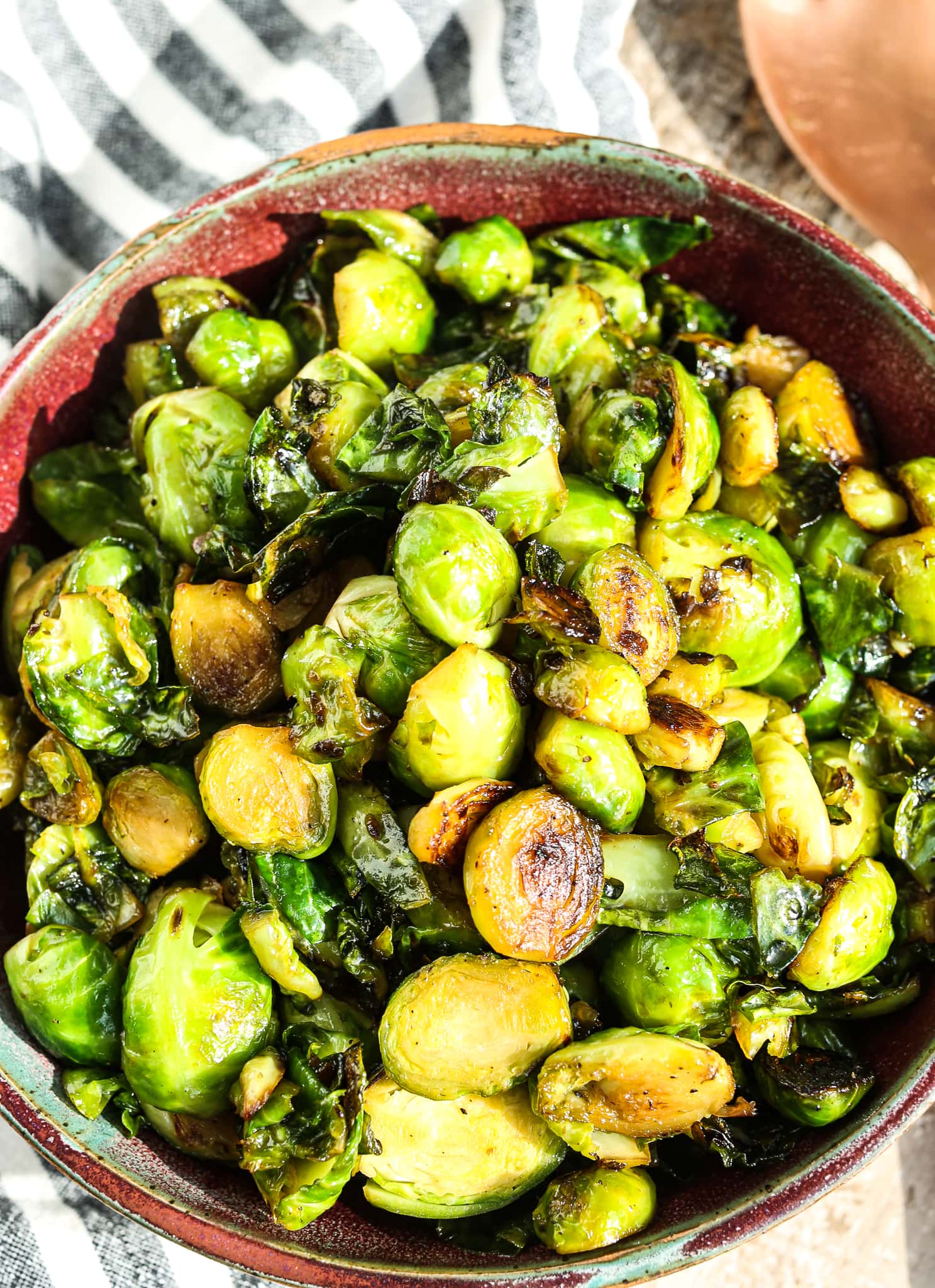 overhead shot of brussels sprouts in a bowl