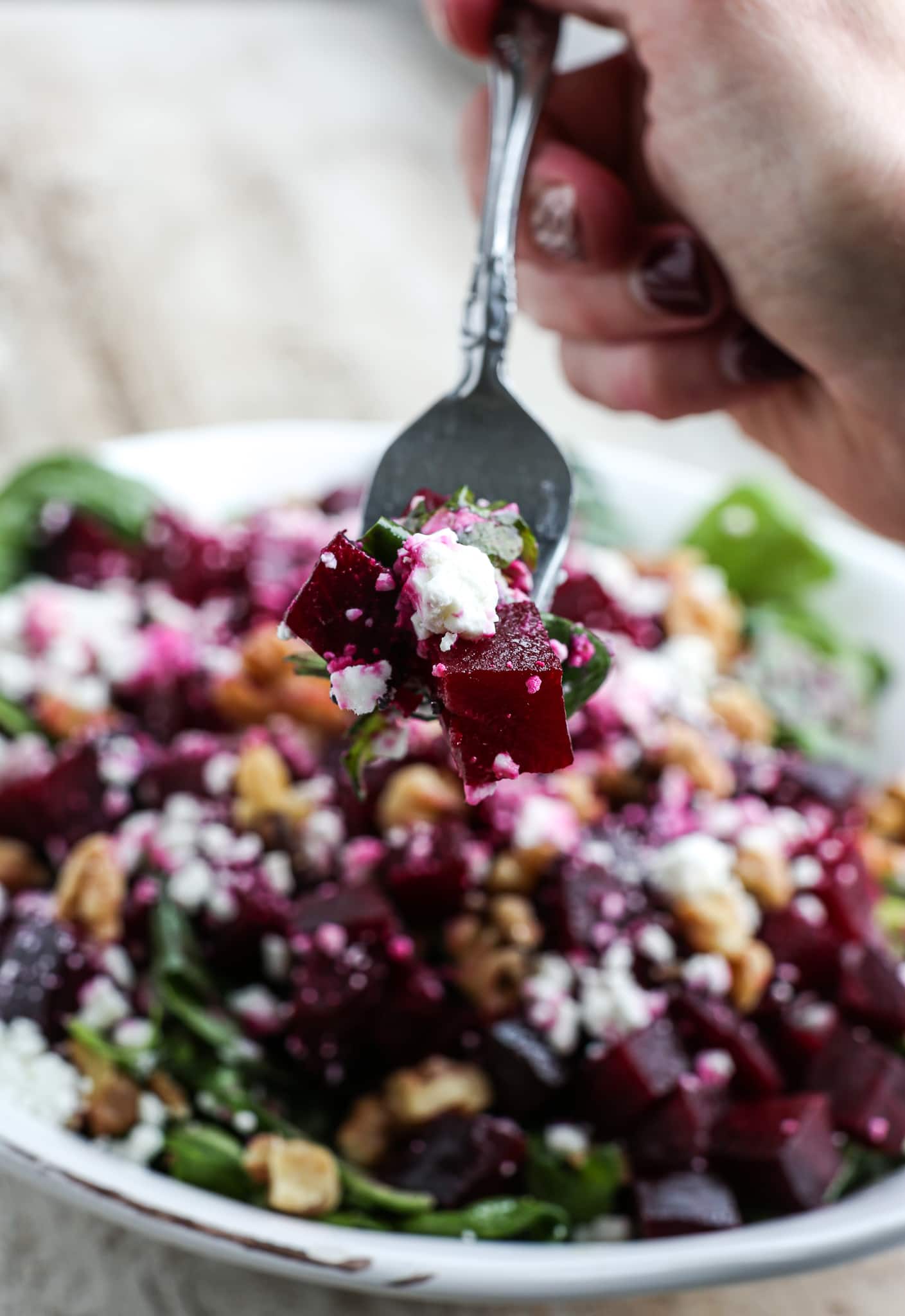 Beet Salad with goat cheese recipe on a fork
