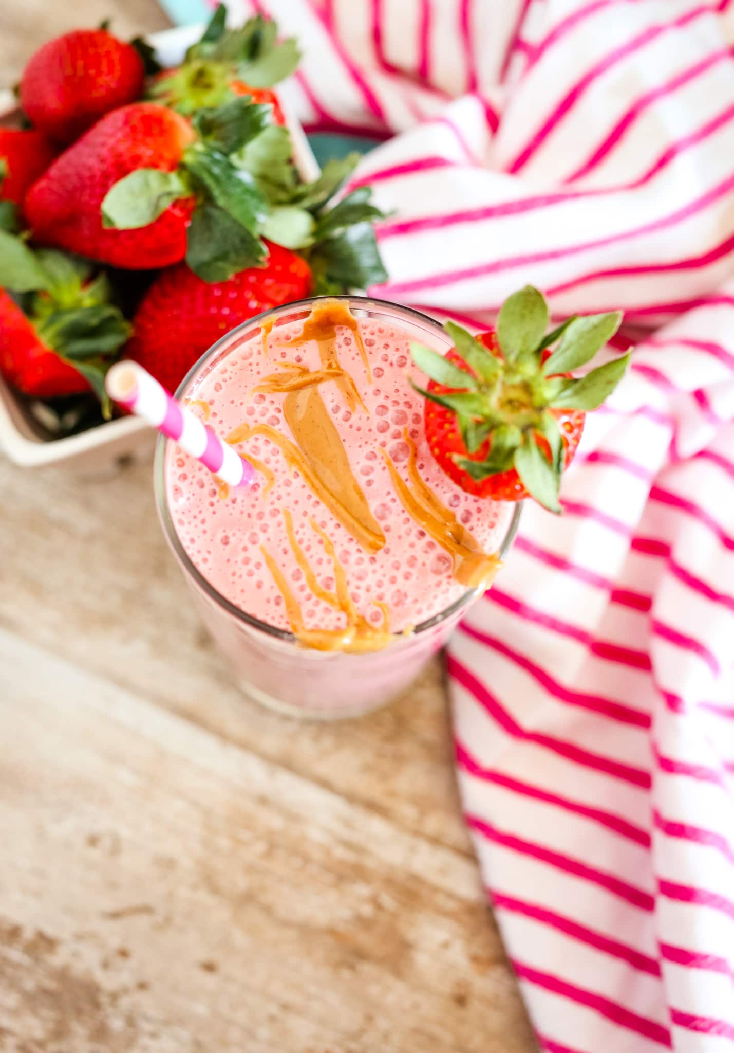 Strawberry Peanut Butter Smoothie recipe overhead shot