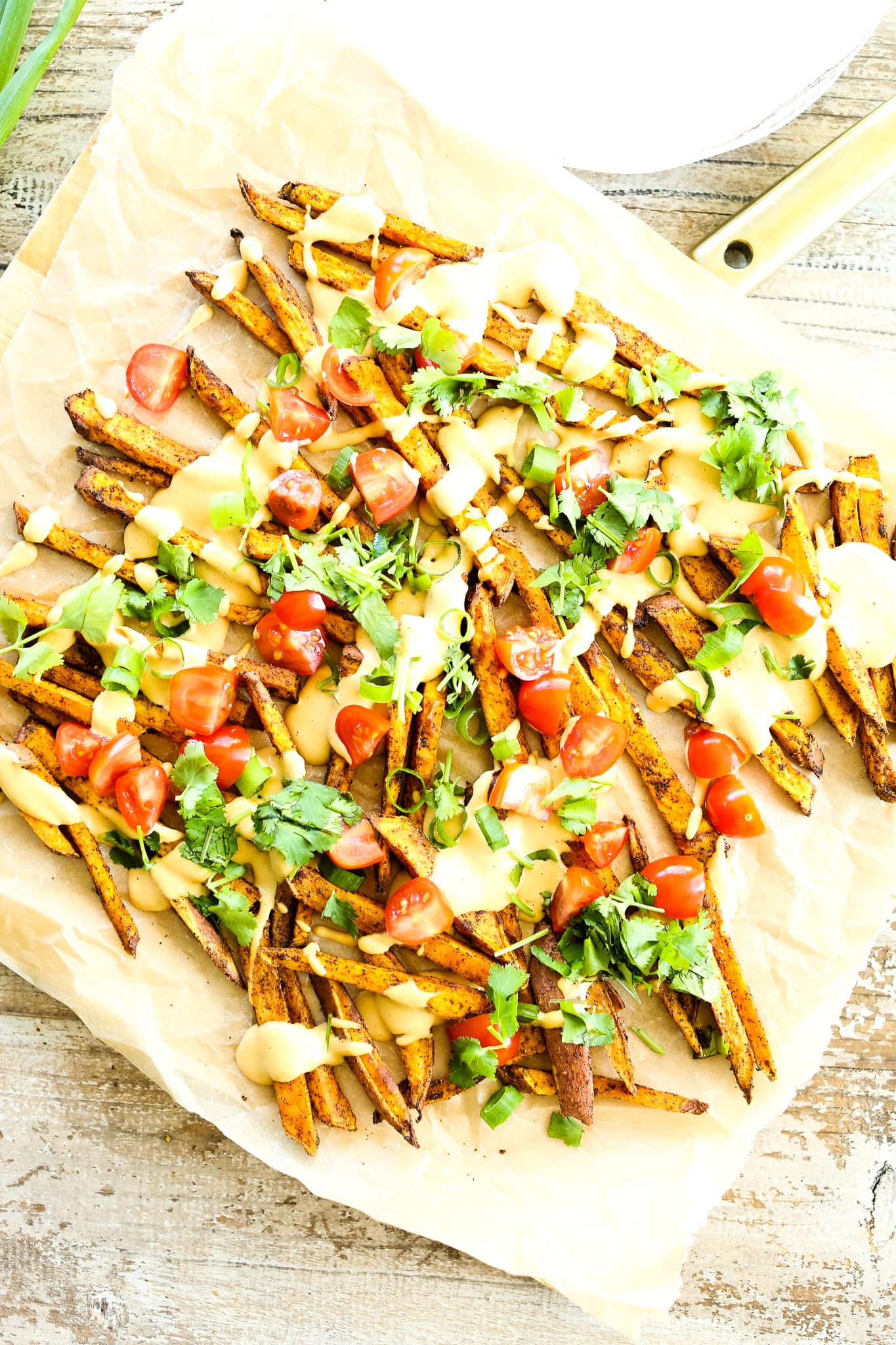 overhead shot of Loaded Sweet Potato Fries recipe