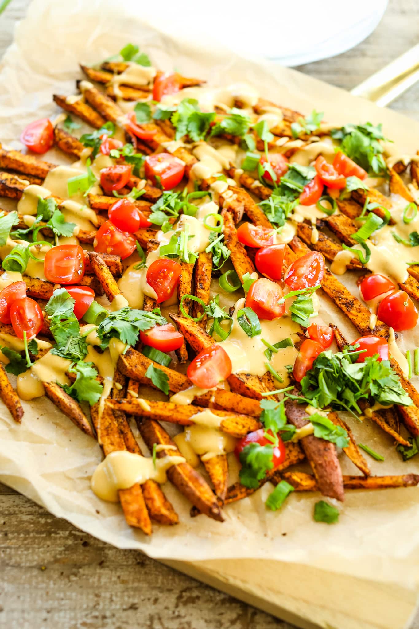 Loaded Sweet Potato Fries recipe on a platter