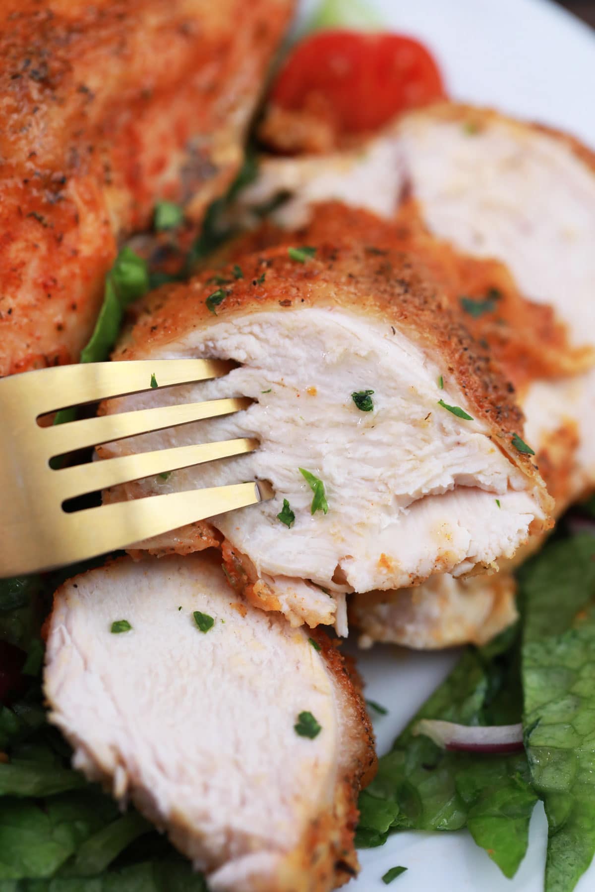 juicy bone in chicken breast close up shot