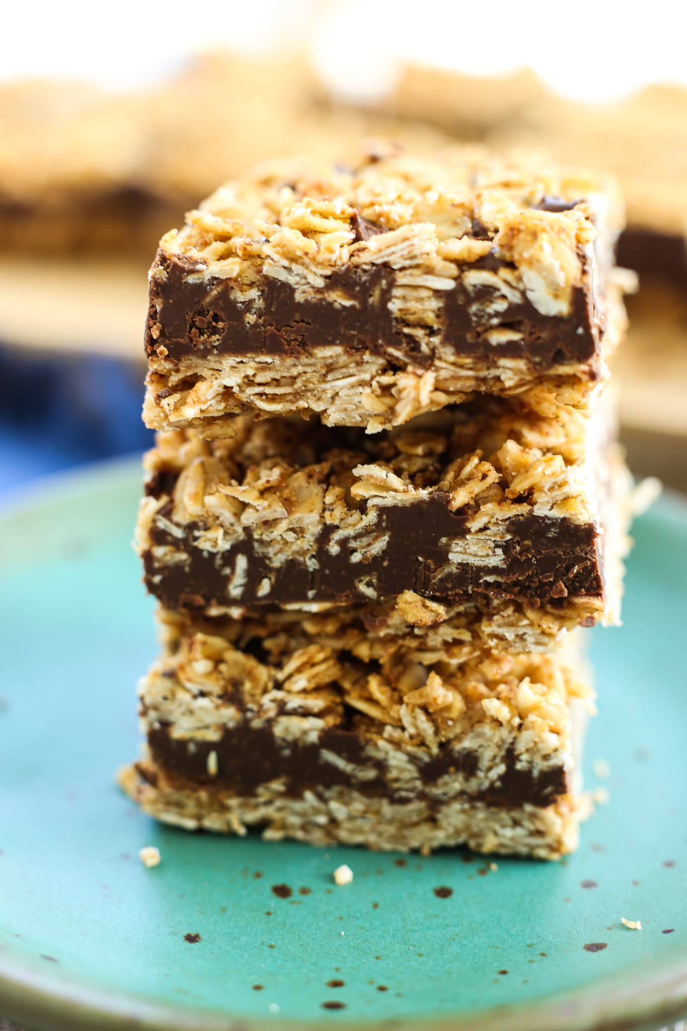 No Bake Chocolate Oat Bars 3 stacked on top of one another