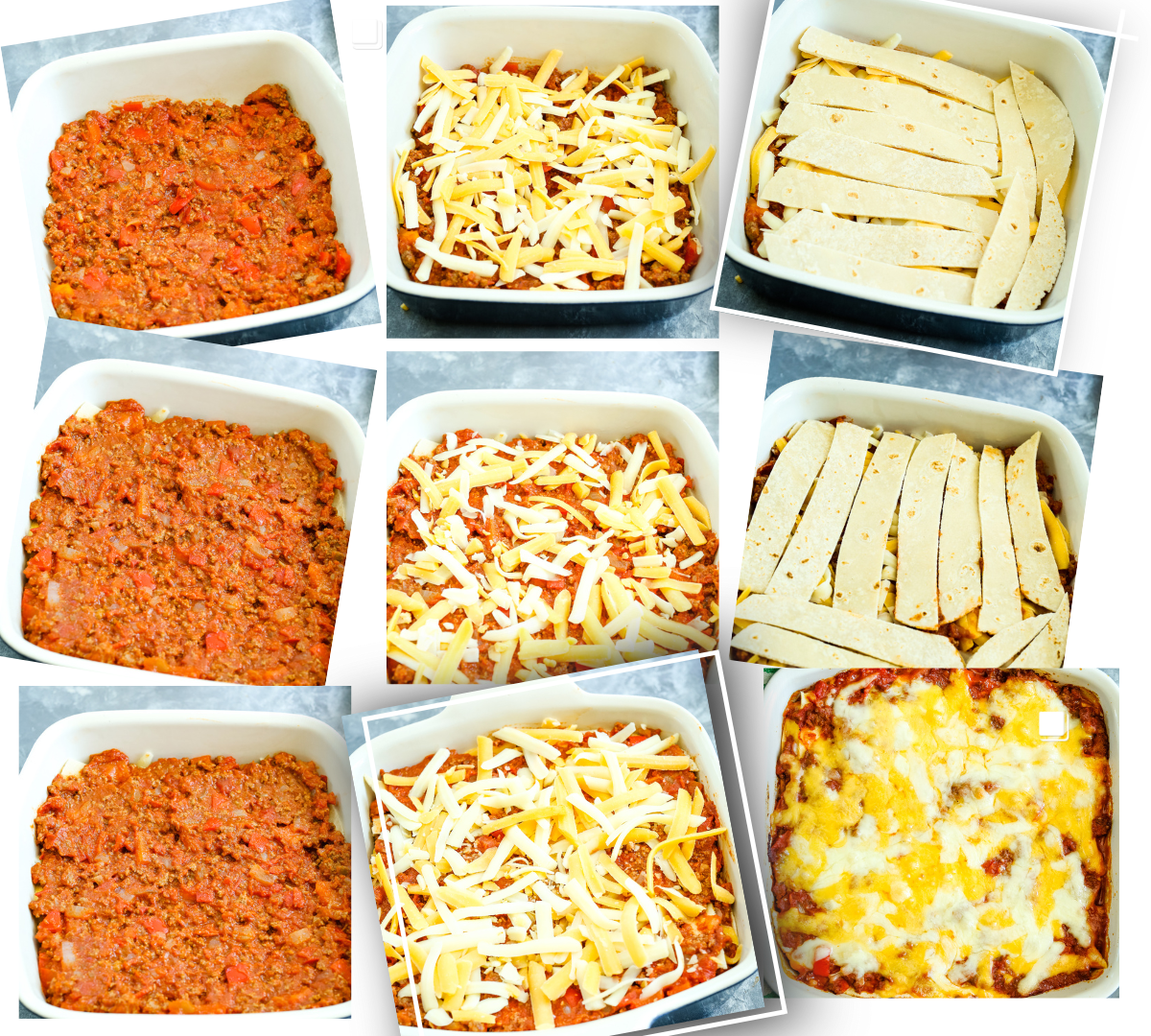 a photo collage showing each layer of the taco casserole